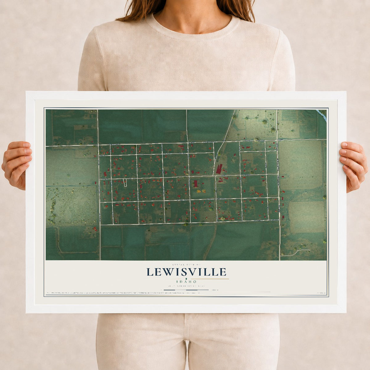 Map of Lewisville, Idaho, 12 x 18 inch print in a white wood frame