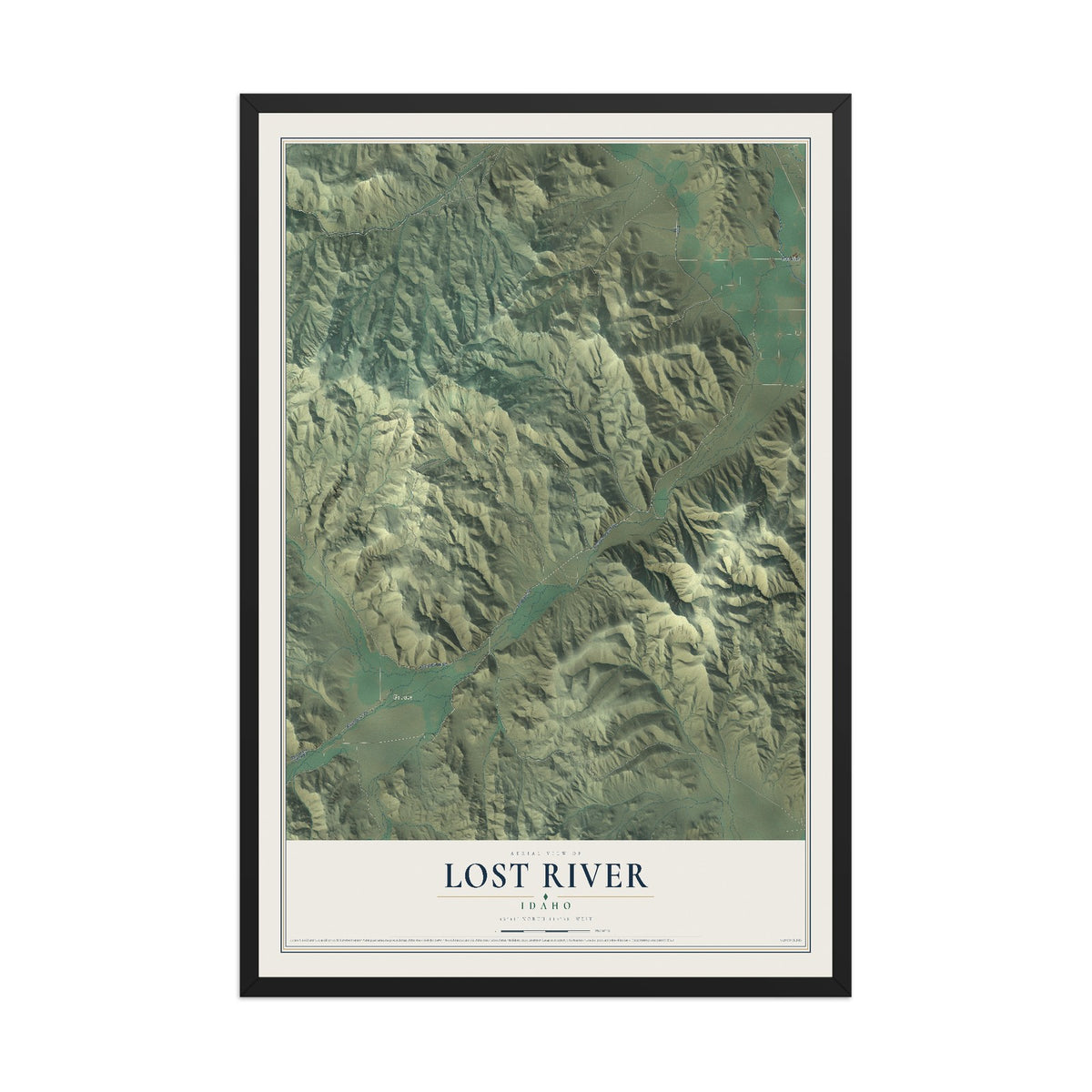 Map of Lost River, Idaho, 12 x 18 inch print in a black wood frame
