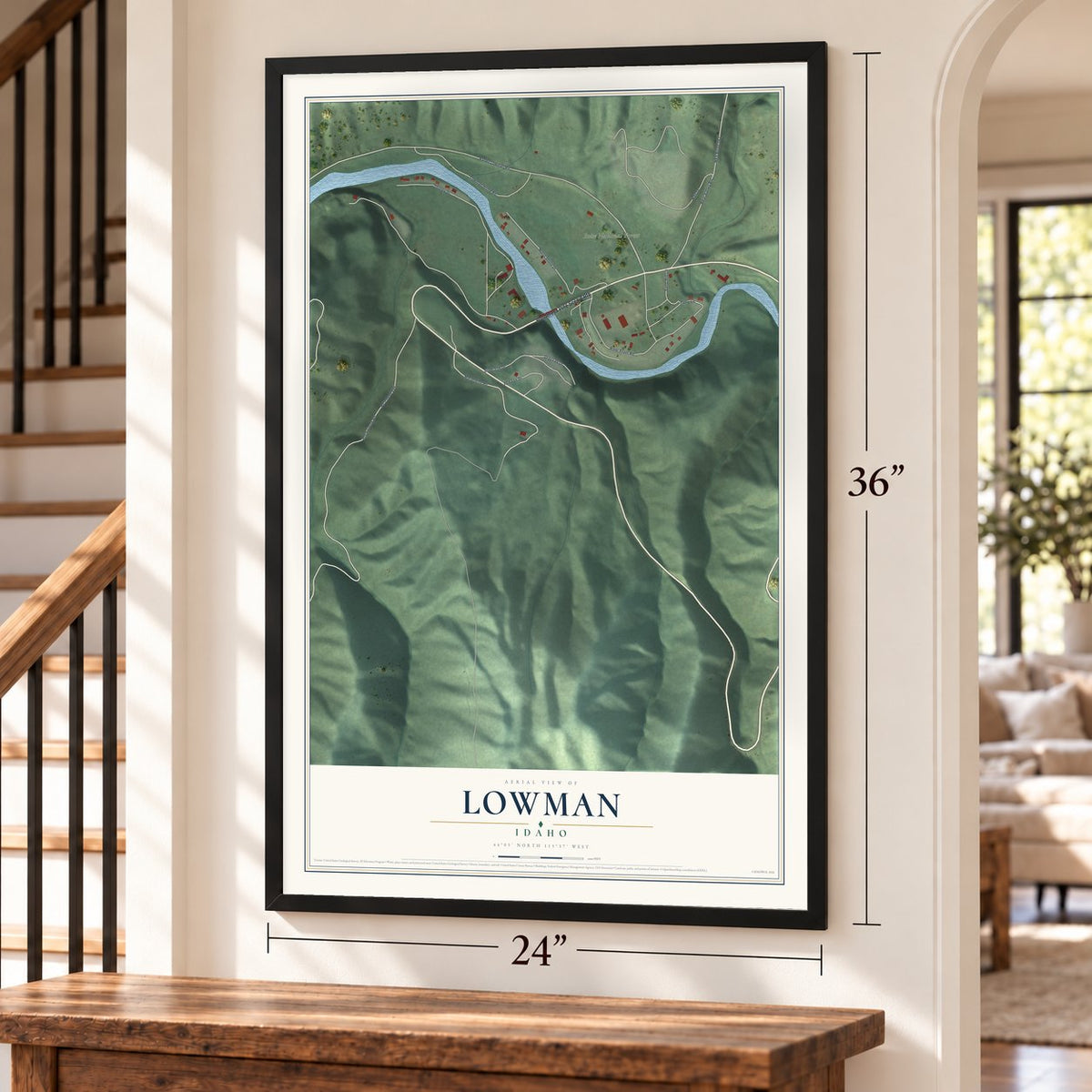 Lowman, Idaho map, 24 x 36 inch print in a black frame by a staircase
