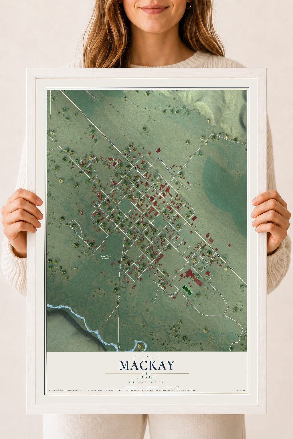 Map of Mackay, Idaho, 18 x 24 inch print in a white wood frame