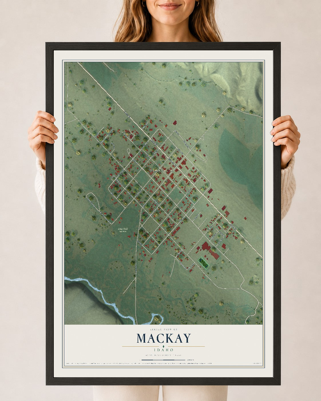Map of Mackay, Idaho, 24 x 36 inch print in a black wood frame