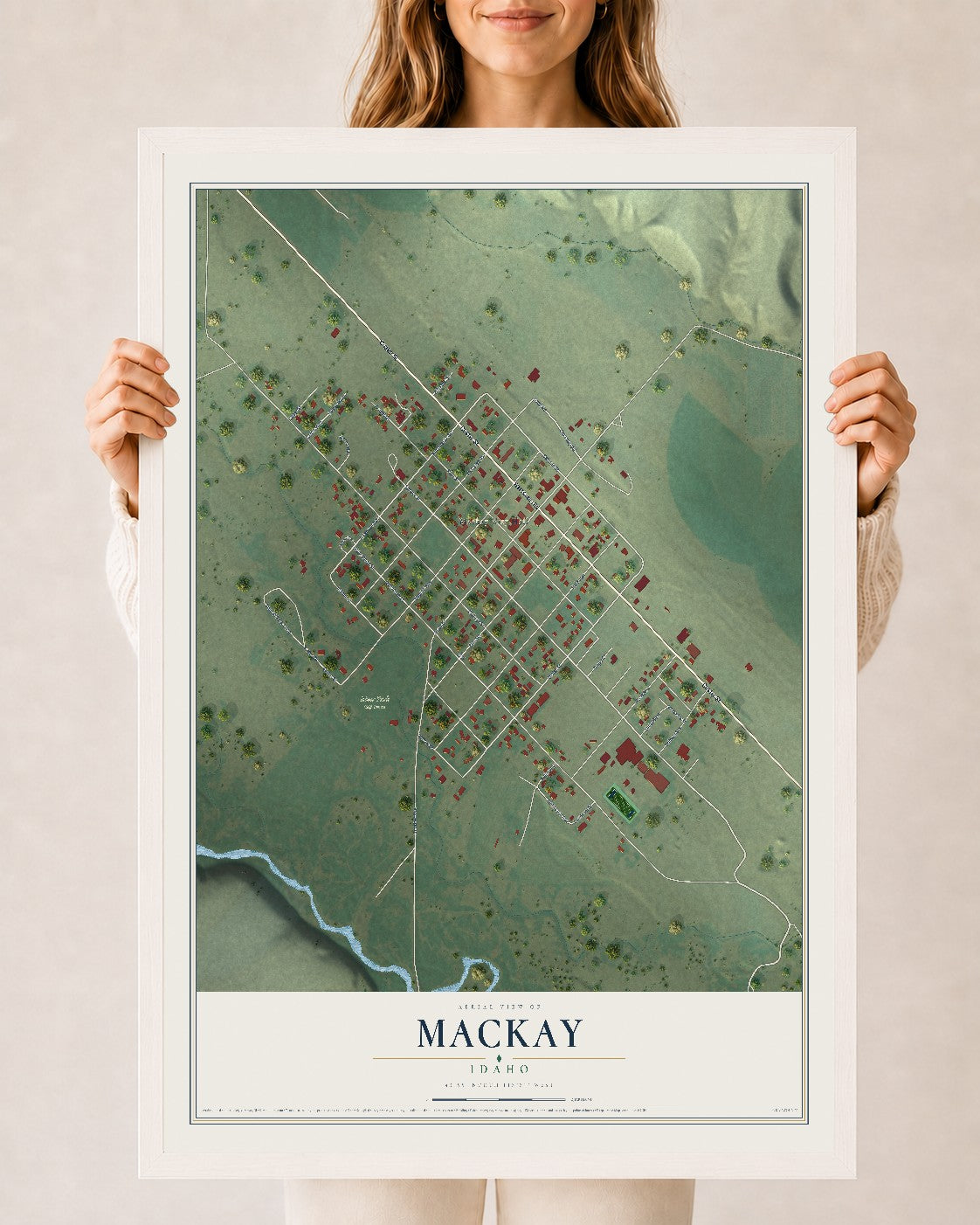 Map of Mackay, Idaho, 24 x 36 inch print in a white wood frame