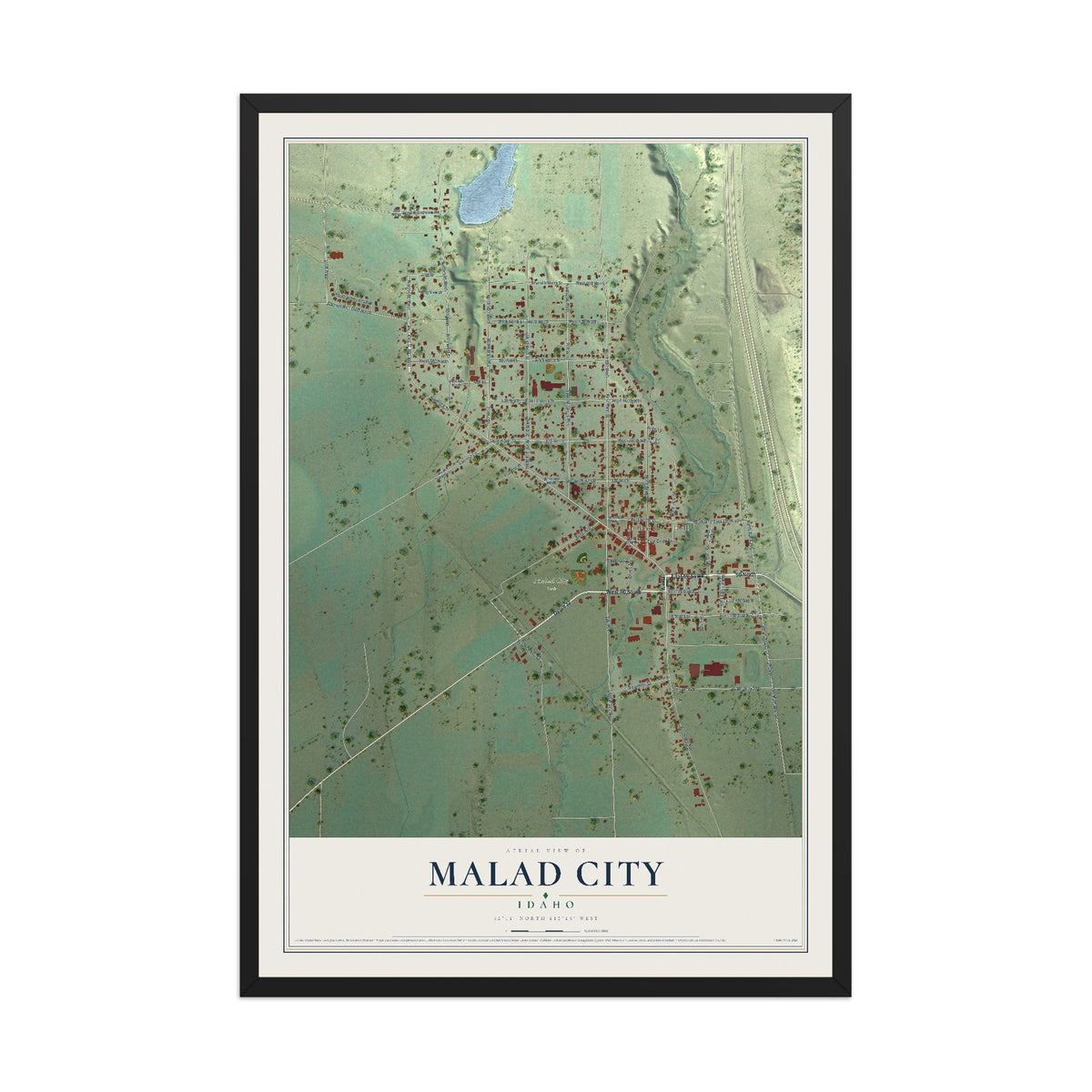 Map of Malad City, Idaho, 12 x 18 inch print in a black wood frame