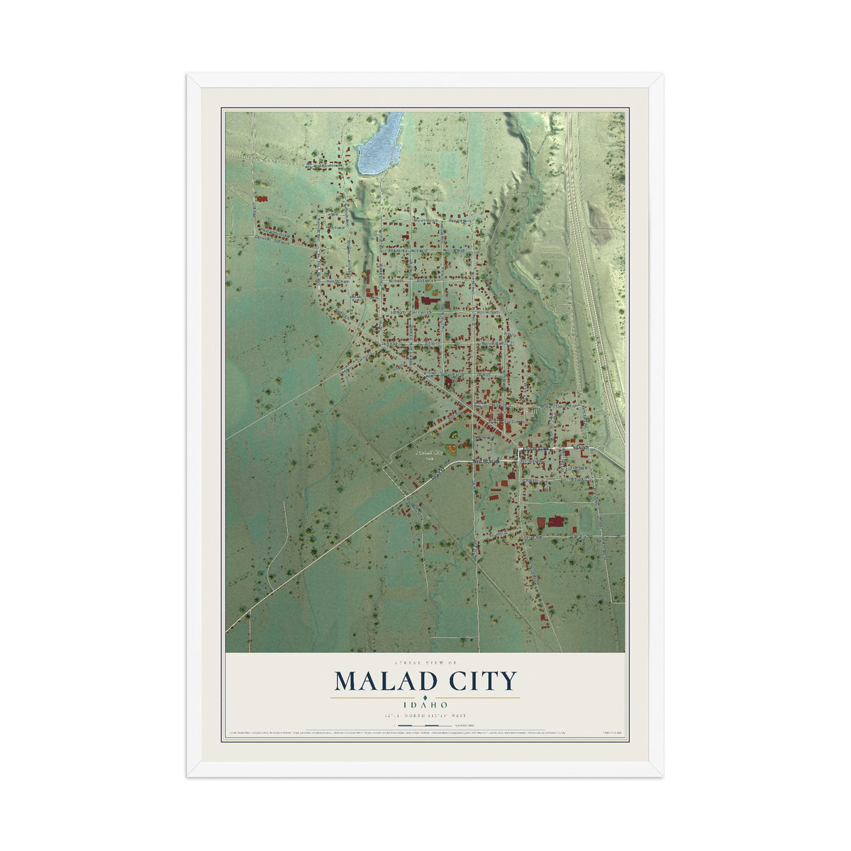 Map of Malad City, Idaho, 12 x 18 inch print in a white wood frame