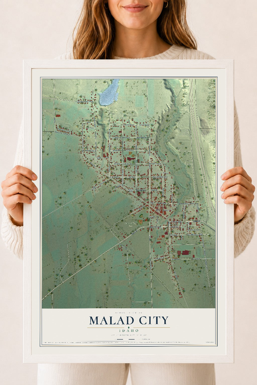 Map of Malad City, Idaho, 18 x 24 inch print in a white wood frame