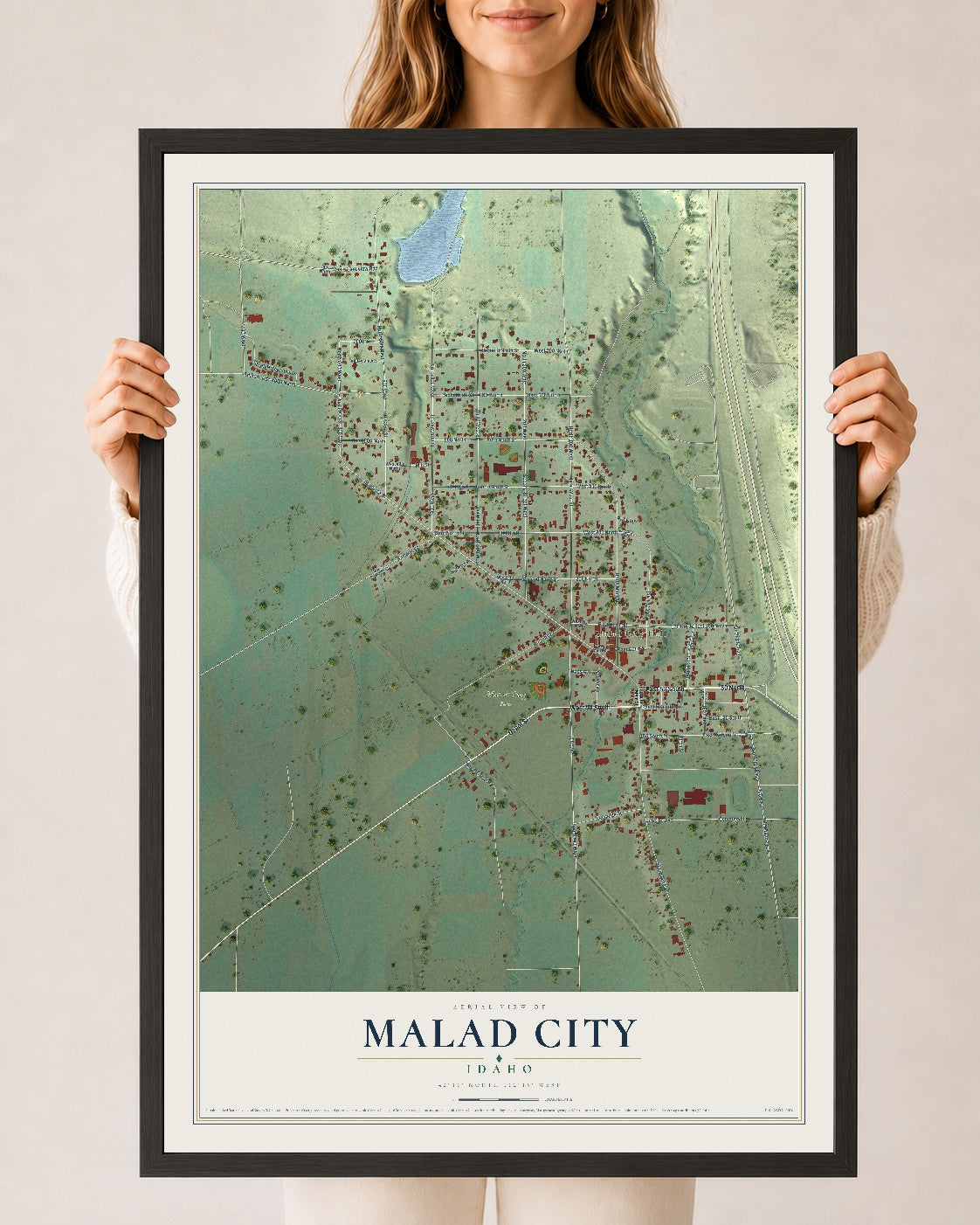 Map of Malad City, Idaho, 24 x 36 inch print in a black wood frame