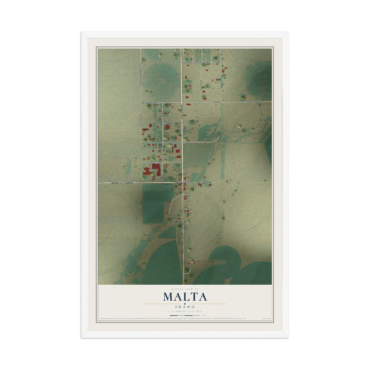 Map of Malta, Idaho, 12 x 18 inch print in a white wood frame