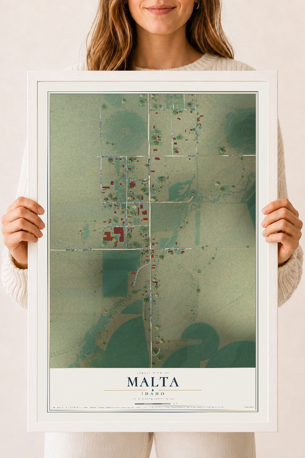 Map of Malta, Idaho, 18 x 24 inch print in a white wood frame