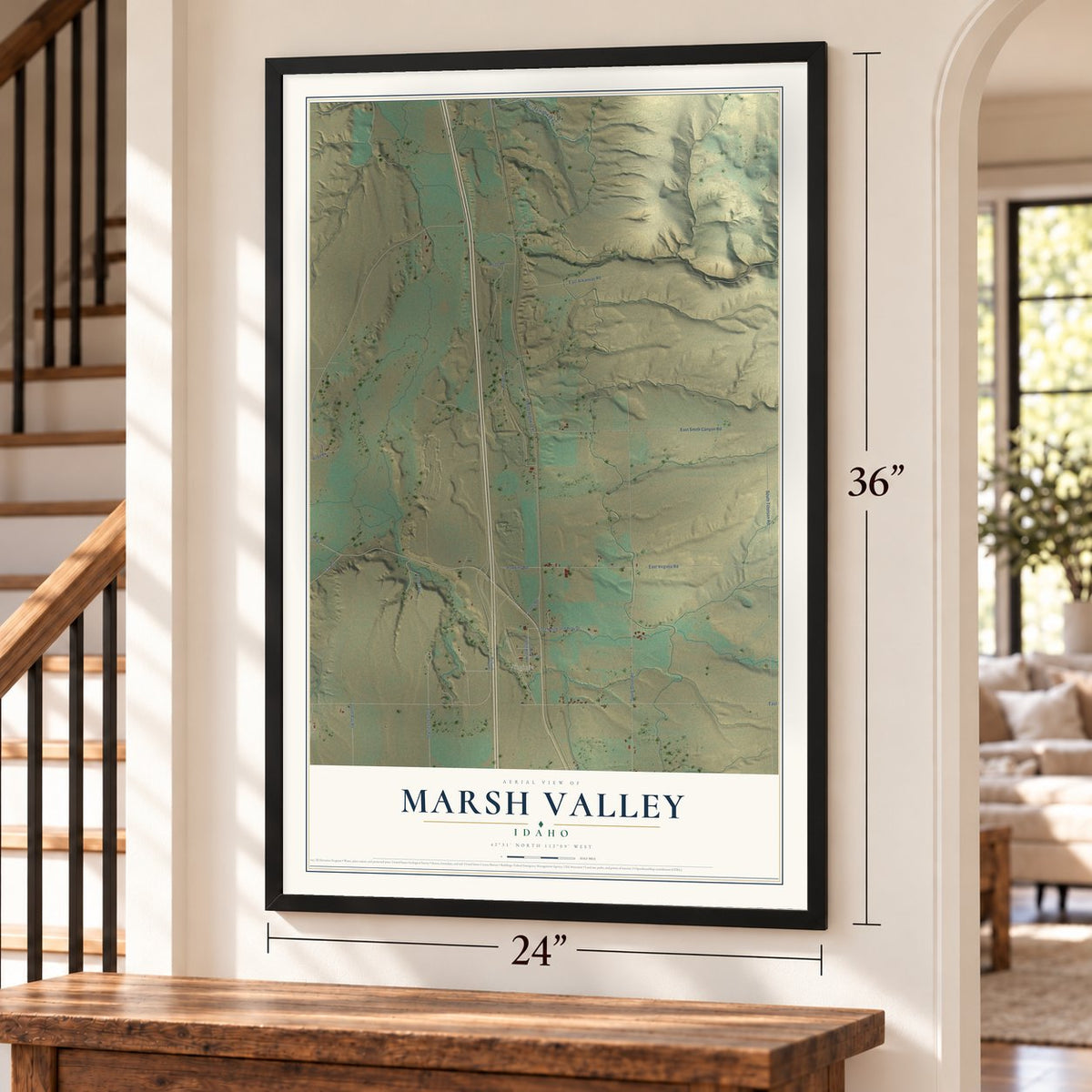 Marsh Valley, Idaho map, 24 x 36 inch print in a black frame by a staircase