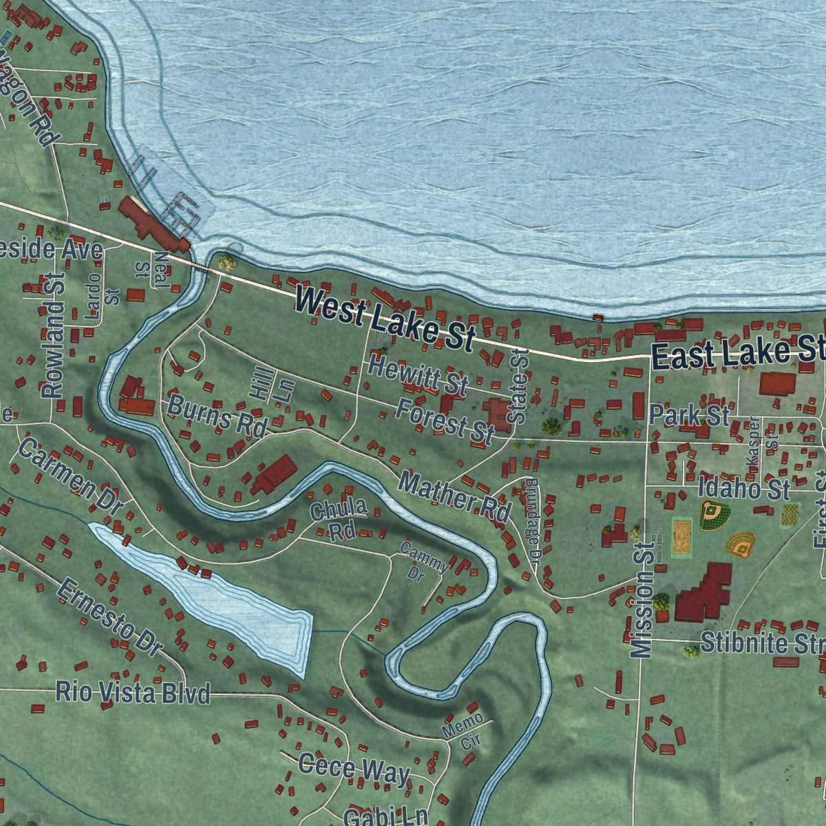 Second close-up of the map of McCall, Idaho print showing more streets and buildings