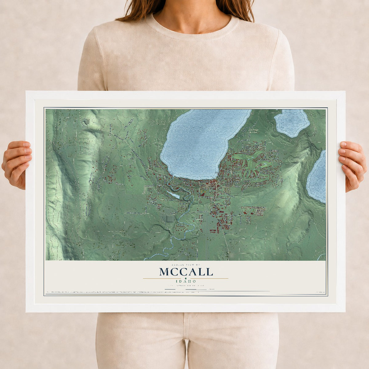 Map of McCall, Idaho, 12 x 18 inch print in a white wood frame