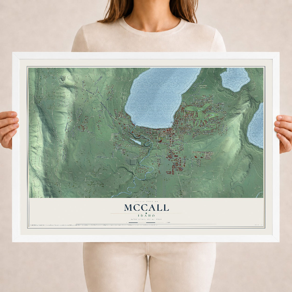 Map of McCall, Idaho, 18 x 24 inch print in a white wood frame