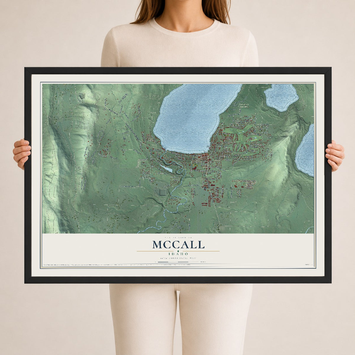 Map of McCall, Idaho, 24 x 36 inch print in a black wood frame
