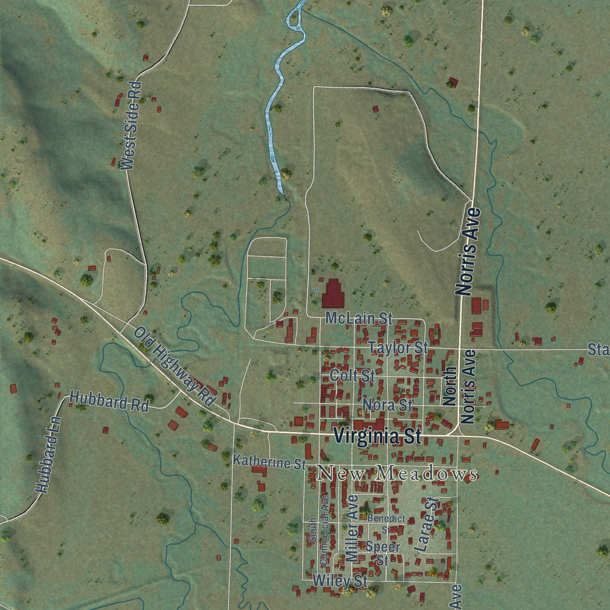 Close-up of the map of Meadows, Idaho print showing street and building detail