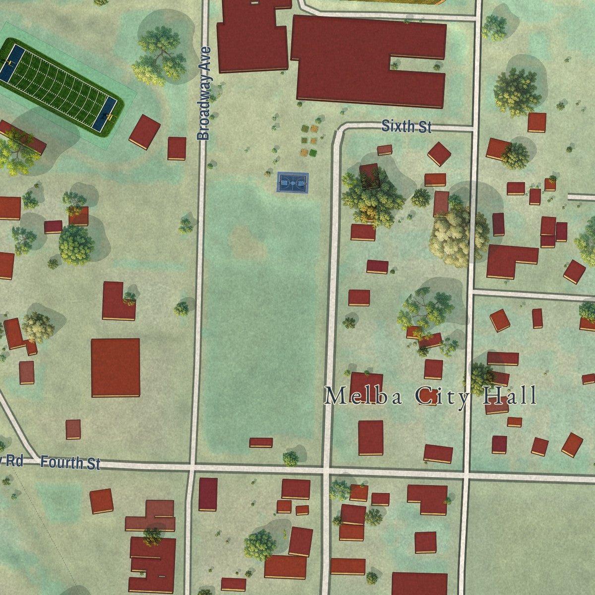Close-up of the map of Melba, Idaho print showing street and building detail