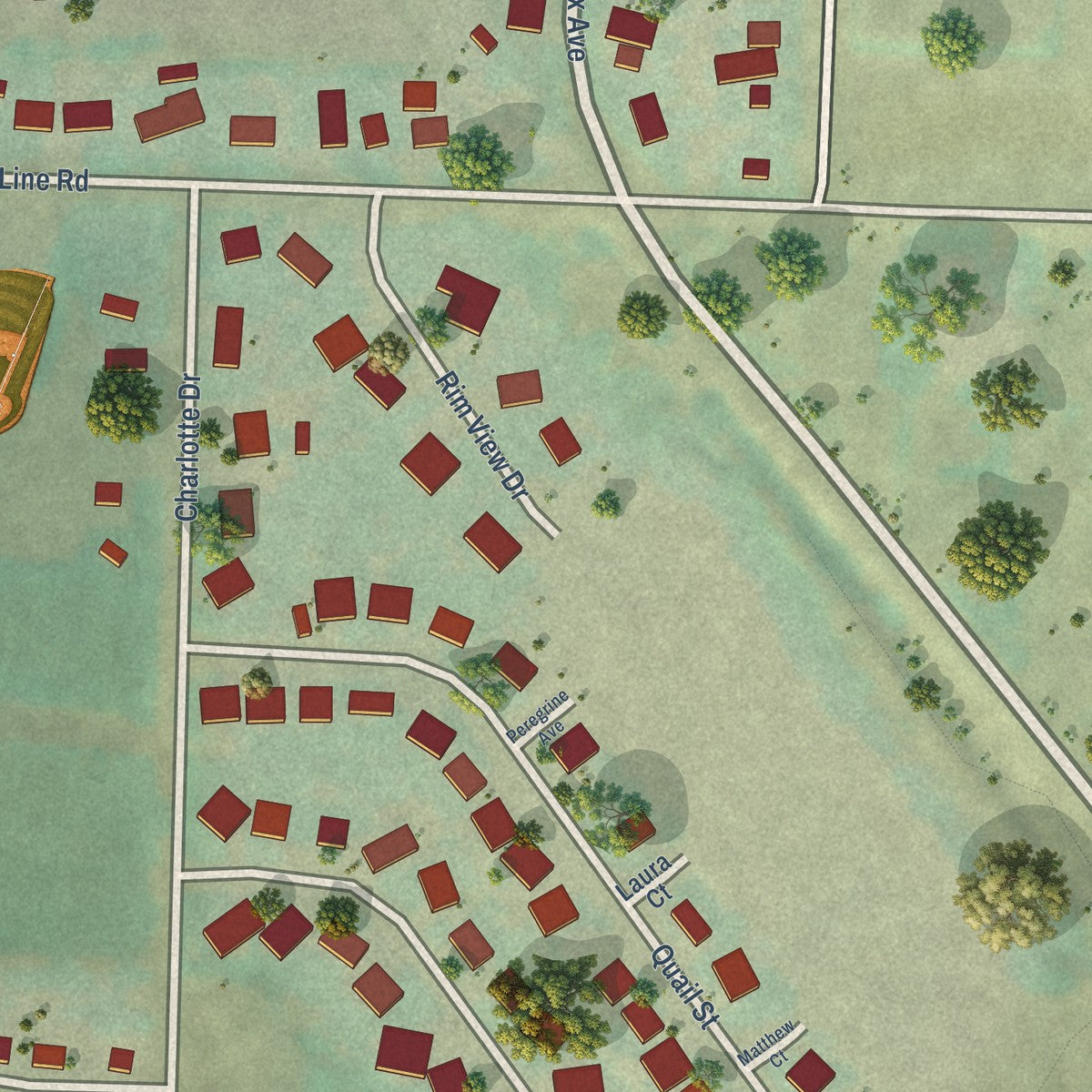 Second close-up of the map of Melba, Idaho print showing more streets and buildings