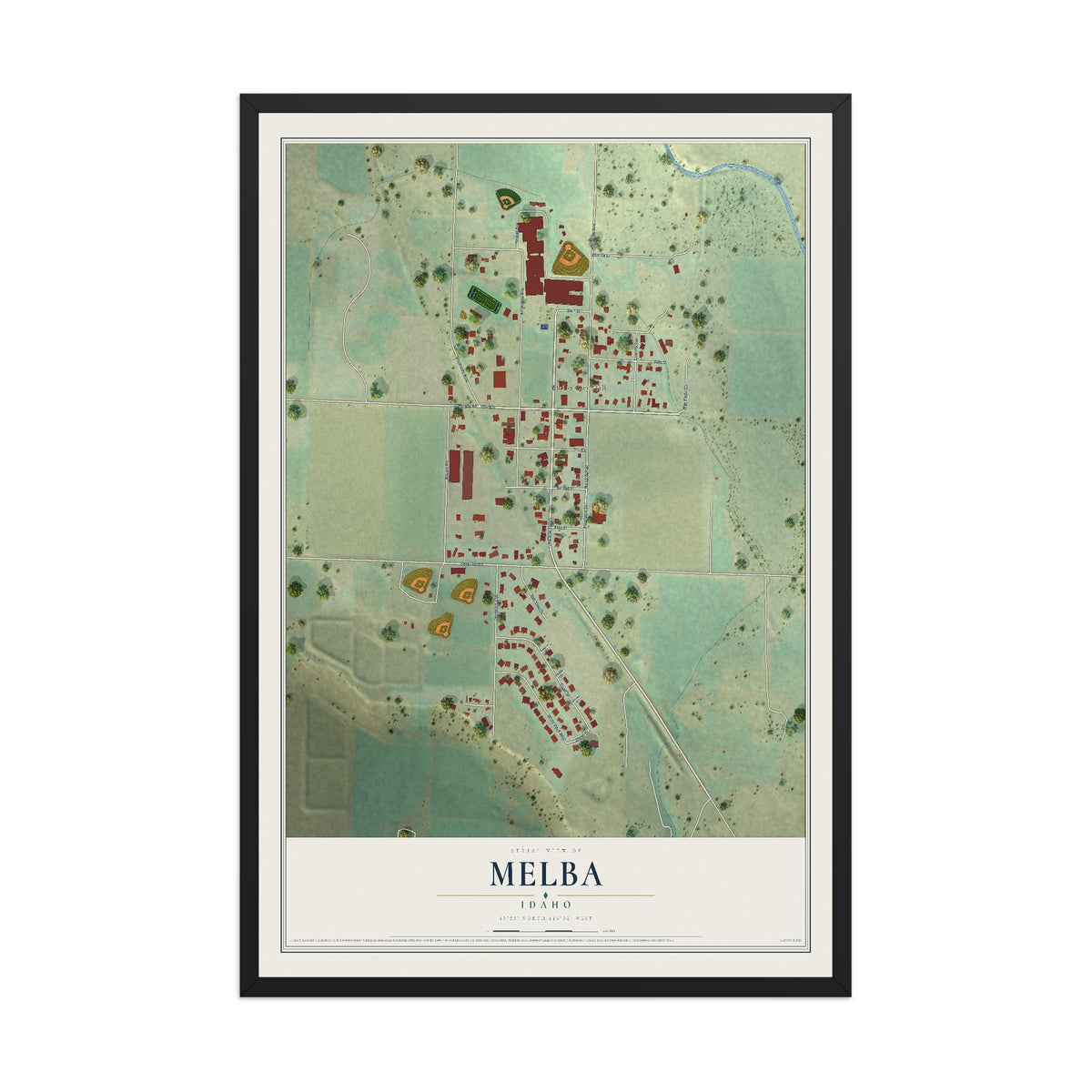 Map of Melba, Idaho, 12 x 18 inch print in a black wood frame