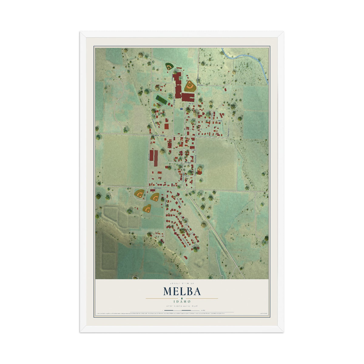 Map of Melba, Idaho, 12 x 18 inch print in a white wood frame