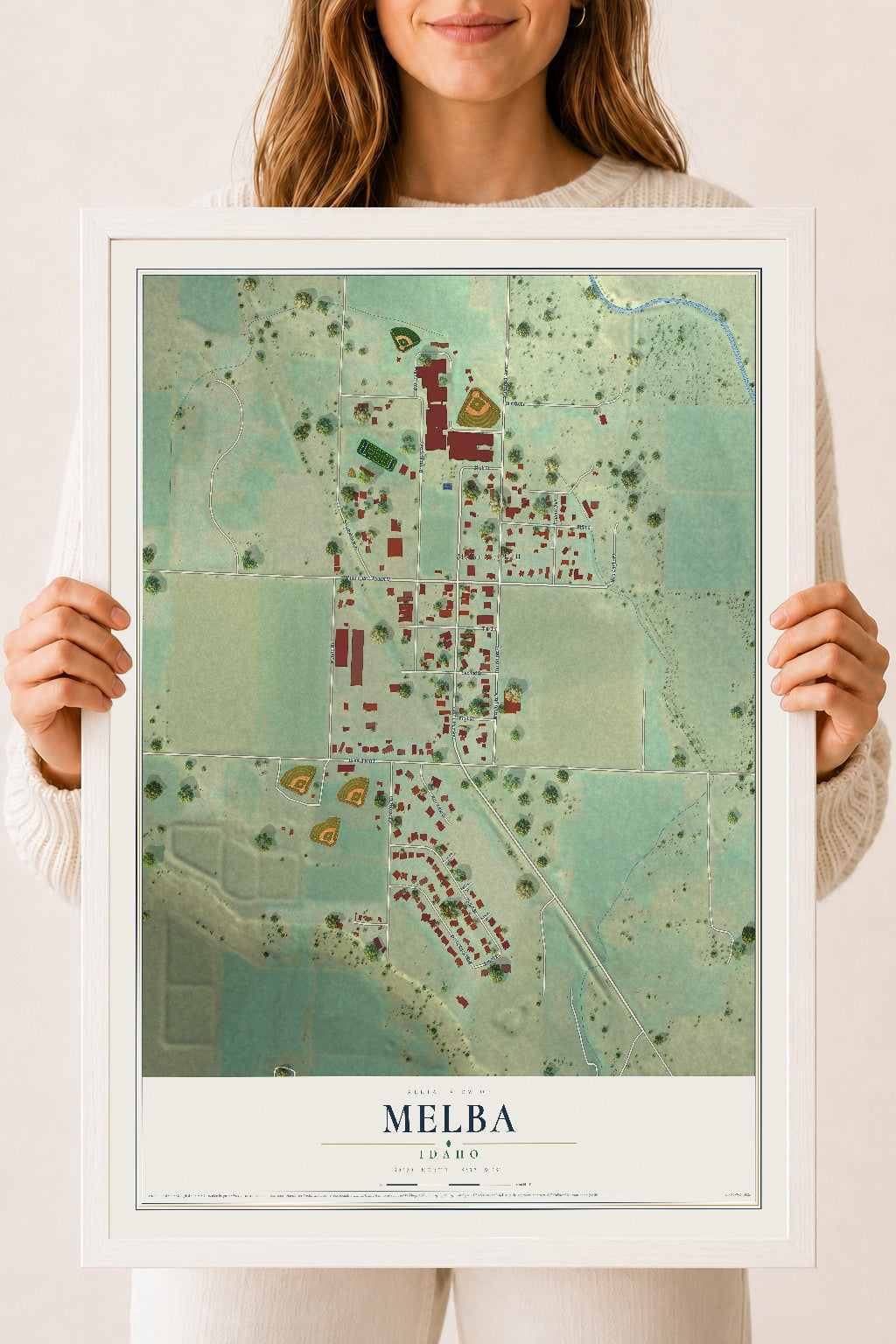 Map of Melba, Idaho, 18 x 24 inch print in a white wood frame