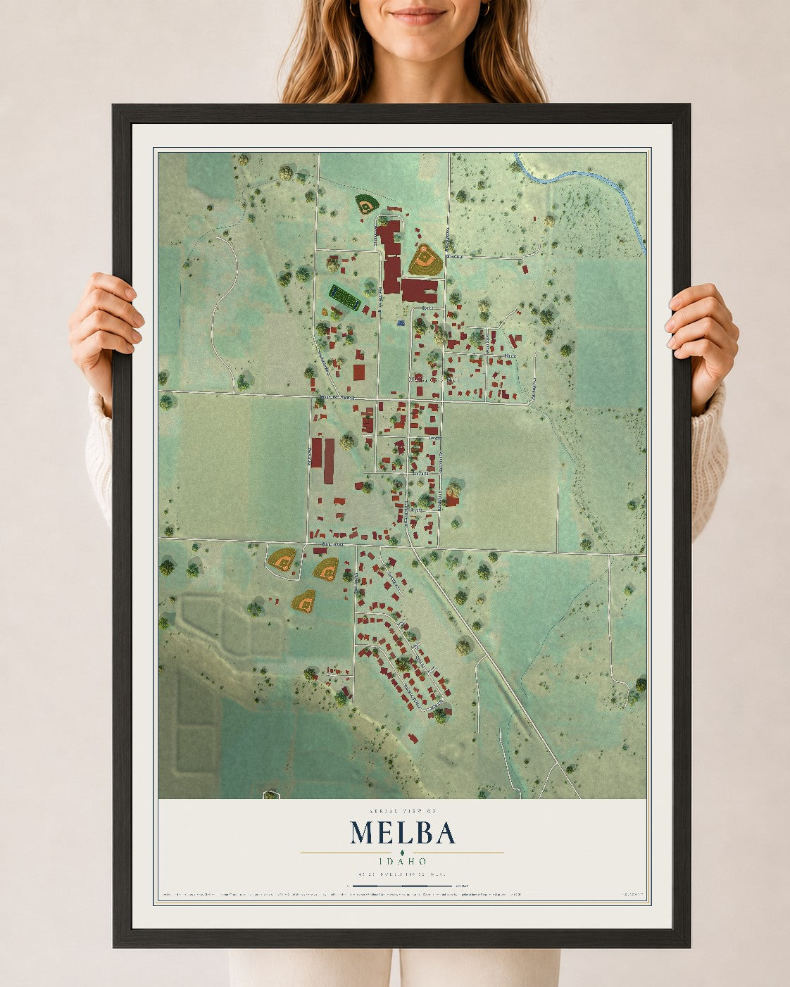 Map of Melba, Idaho, 24 x 36 inch print in a black wood frame