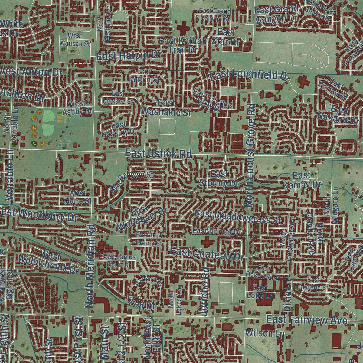 Close-up of the map of Meridian, Idaho print showing street and building detail