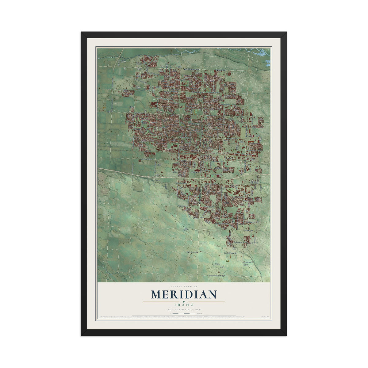 Map of Meridian, Idaho, 12 x 18 inch print in a black wood frame