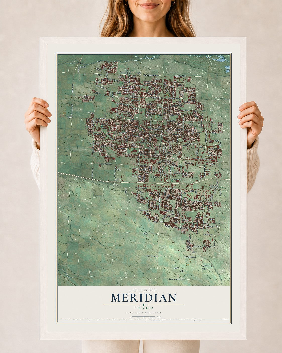 Map of Meridian, Idaho, 24 x 36 inch print in a white wood frame