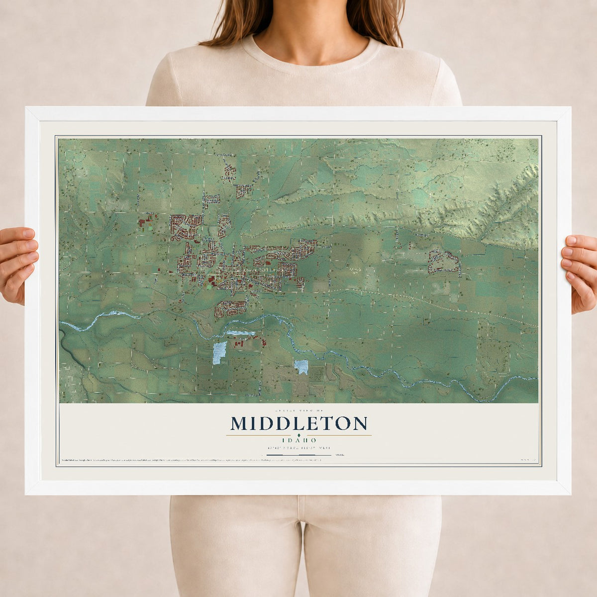 Map of Middleton, Idaho, 18 x 24 inch print in a white wood frame