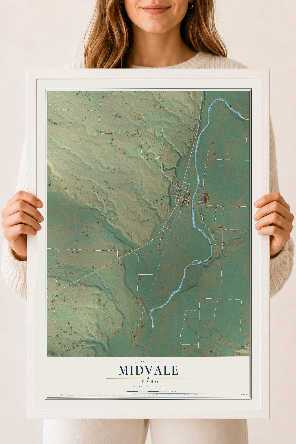 Map of Midvale, Idaho, 18 x 24 inch print in a white wood frame