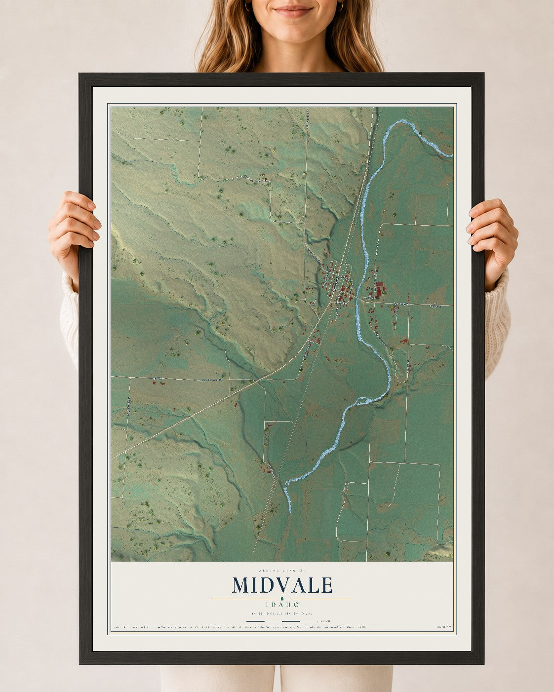 Map of Midvale, Idaho, 24 x 36 inch print in a black wood frame