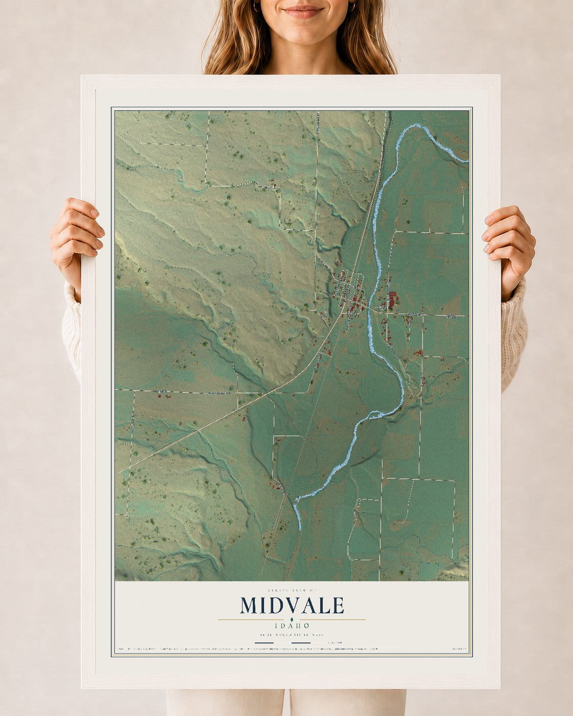 Map of Midvale, Idaho, 24 x 36 inch print in a white wood frame