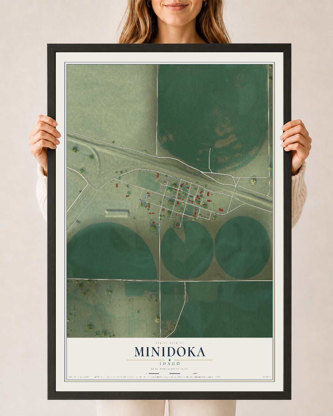 Map of Minidoka, Idaho, 24 x 36 inch print in a black wood frame