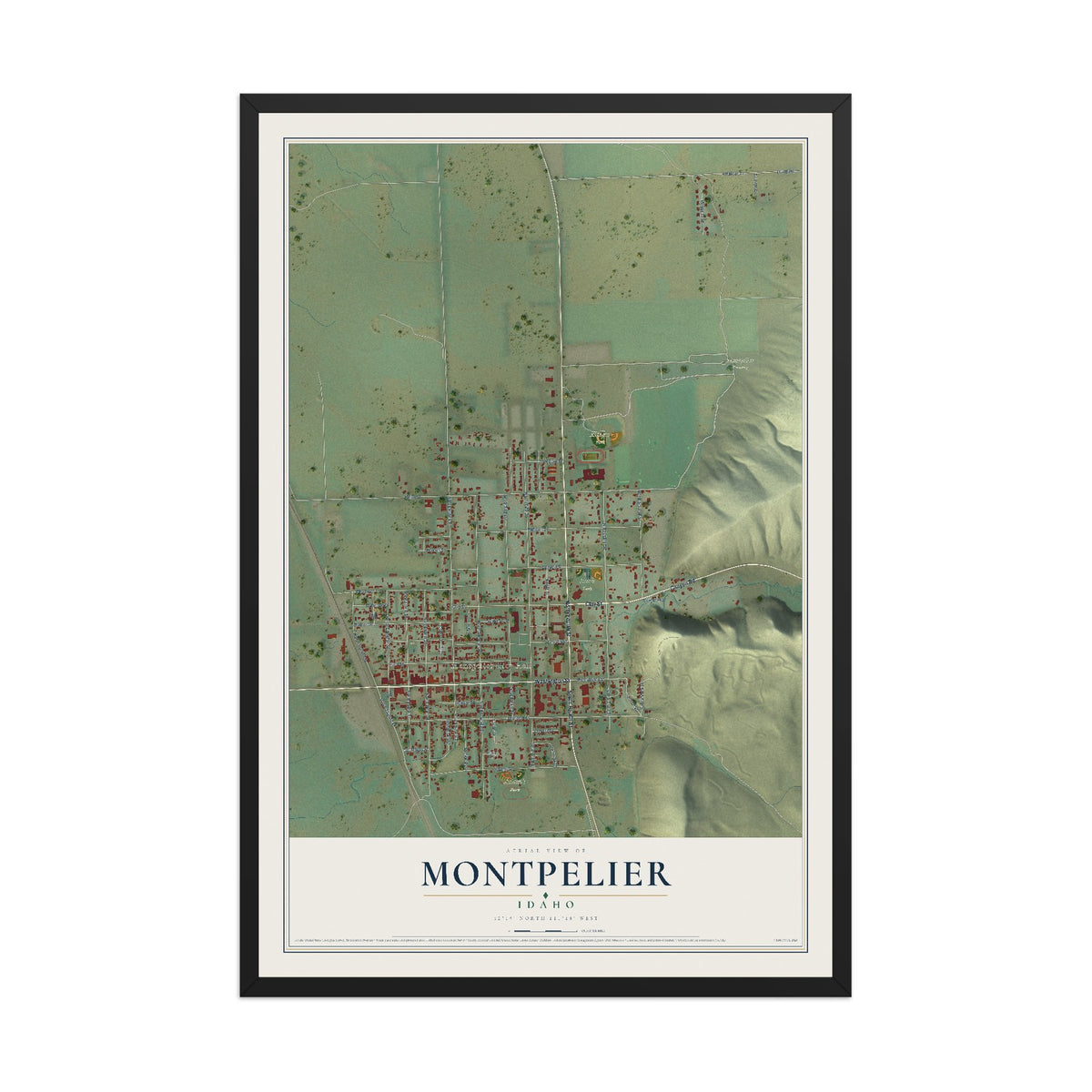 Map of Montpelier, Idaho, 12 x 18 inch print in a black wood frame