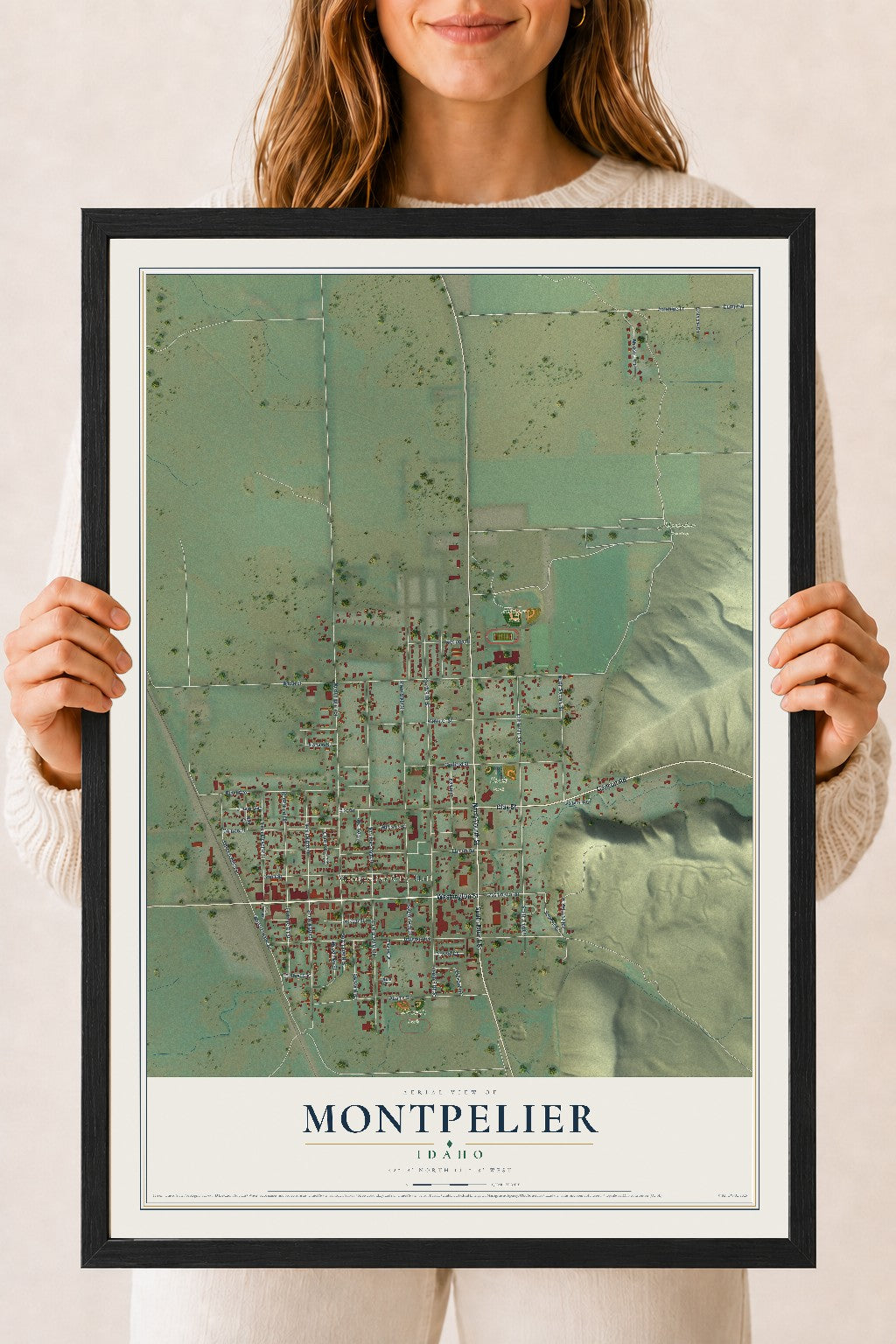 Map of Montpelier, Idaho, 18 x 24 inch print in a black wood frame