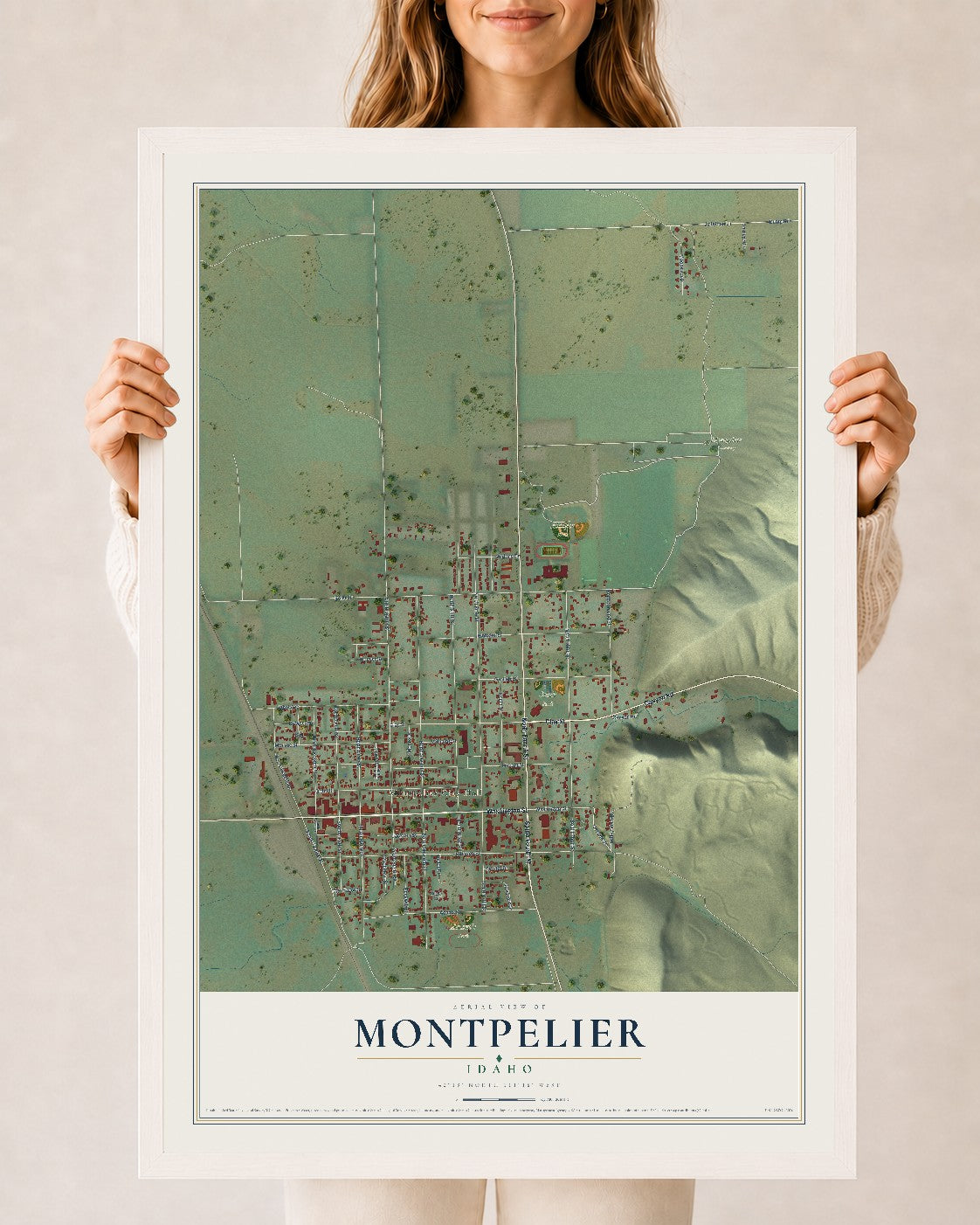 Map of Montpelier, Idaho, 24 x 36 inch print in a white wood frame