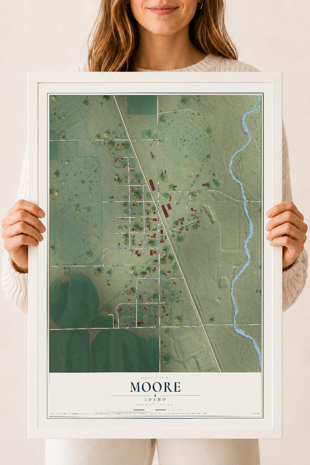 Map of Moore, Idaho, 18 x 24 inch print in a white wood frame