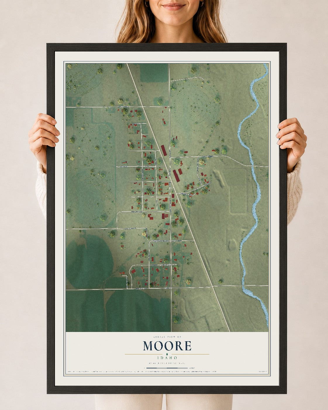 Map of Moore, Idaho, 24 x 36 inch print in a black wood frame