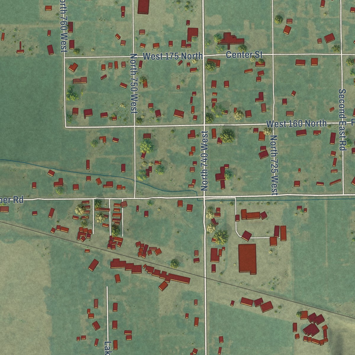 Close-up of the map of Moreland, Idaho print showing street and building detail