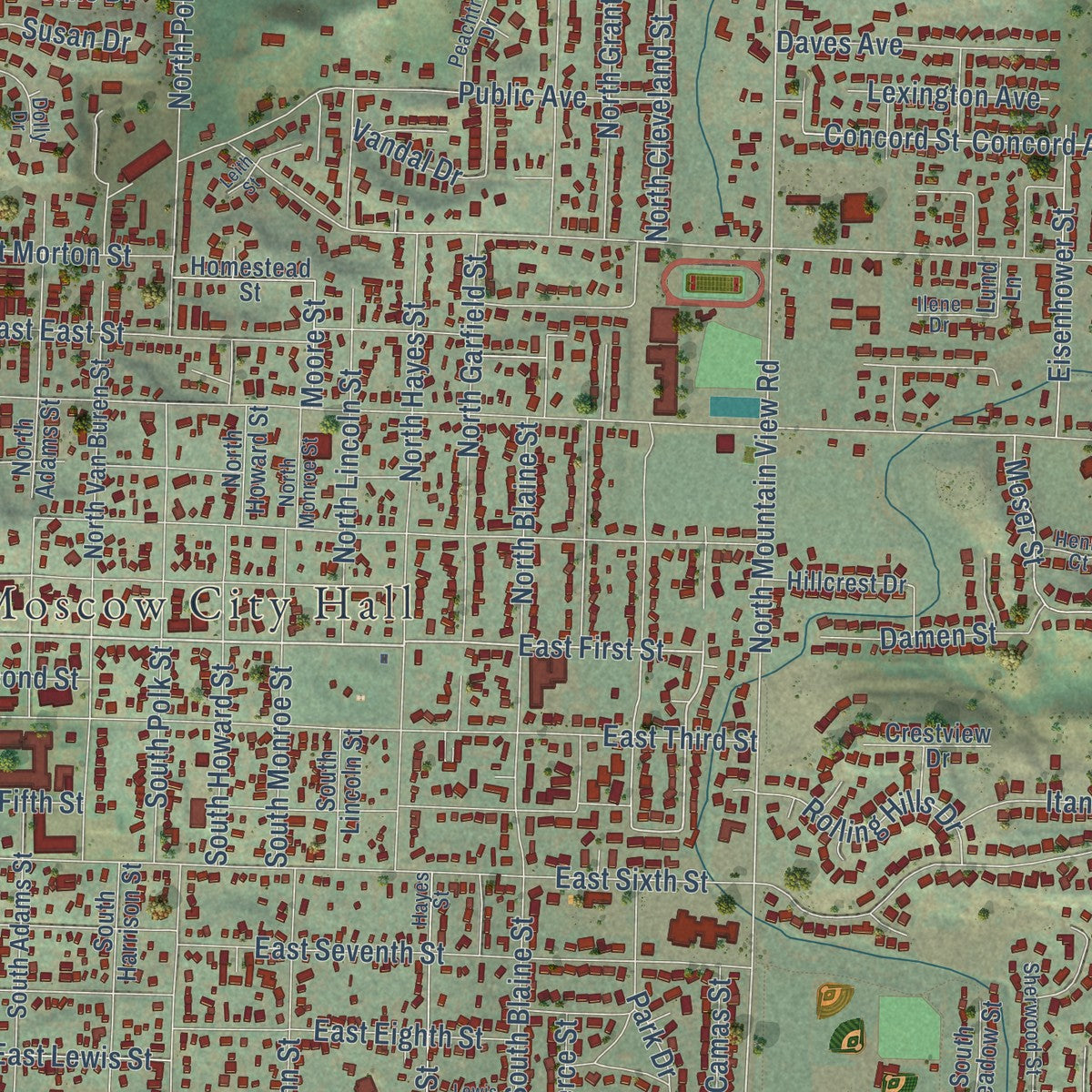 Close-up of the map of Moscow, Idaho print showing street and building detail