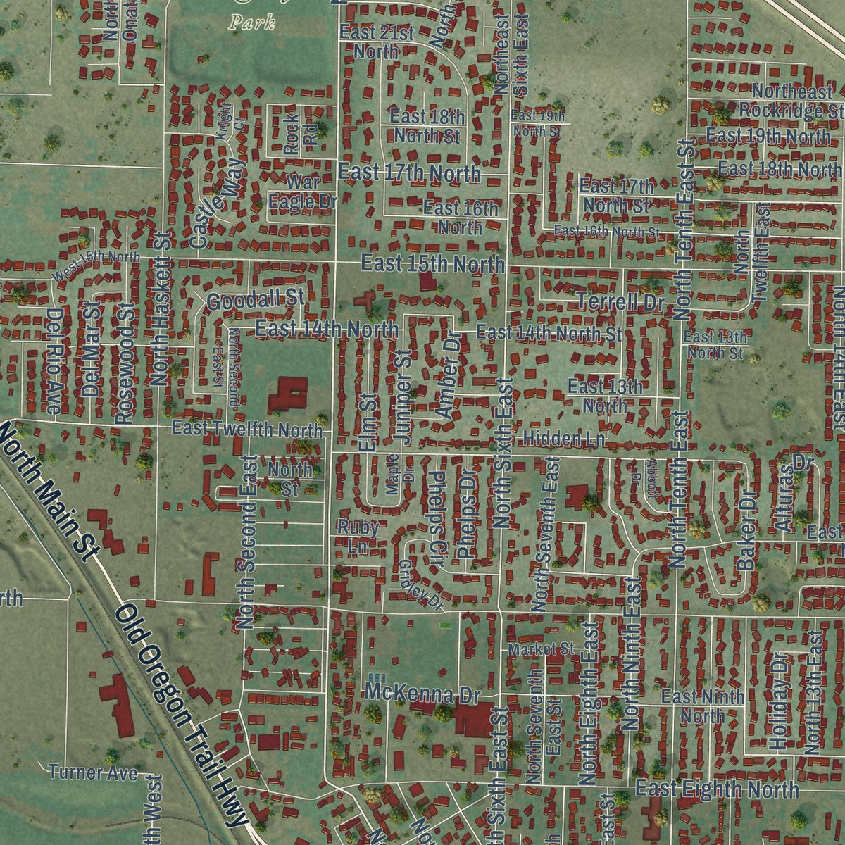 Close-up of the map of Mountain Home, Idaho print showing street and building detail