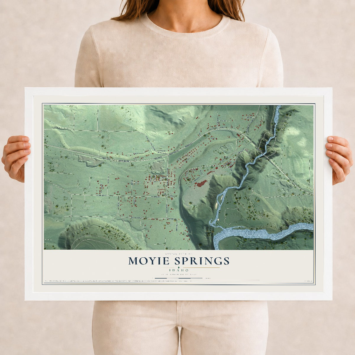 Map of Moyie Springs, Idaho, 12 x 18 inch print in a white wood frame