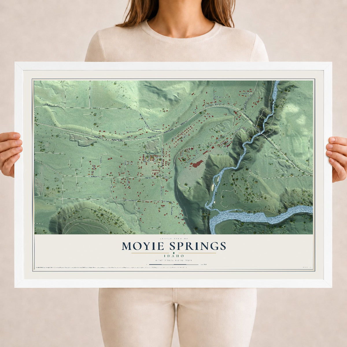 Map of Moyie Springs, Idaho, 18 x 24 inch print in a white wood frame