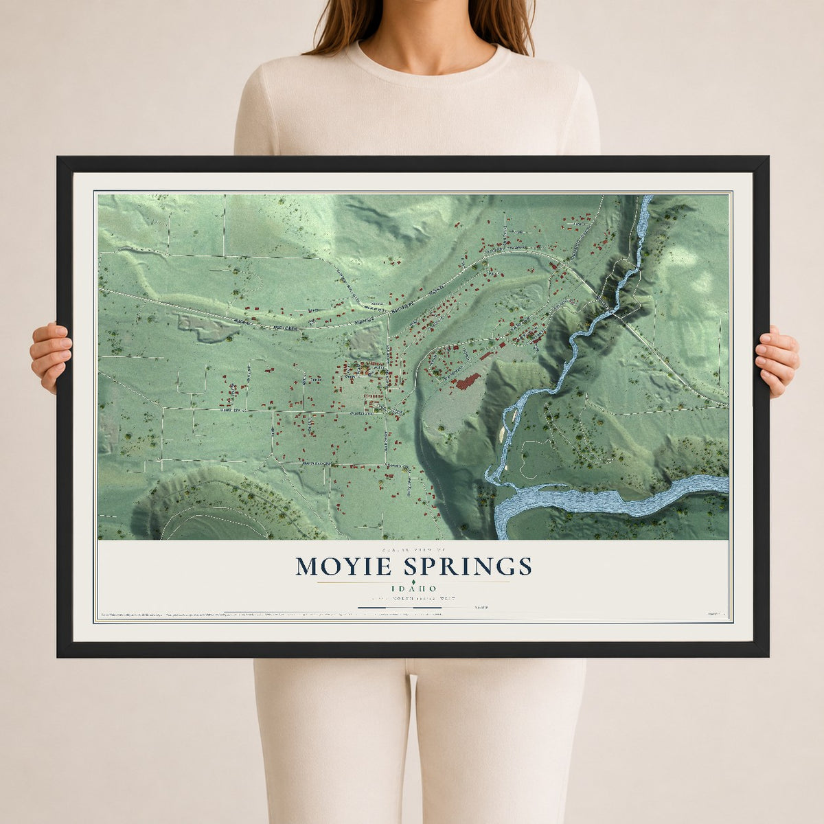 Map of Moyie Springs, Idaho, 24 x 36 inch print in a black wood frame