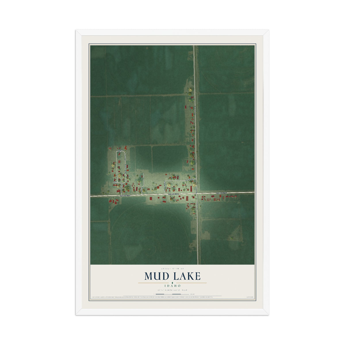Map of Mud Lake, Idaho, 12 x 18 inch print in a white wood frame