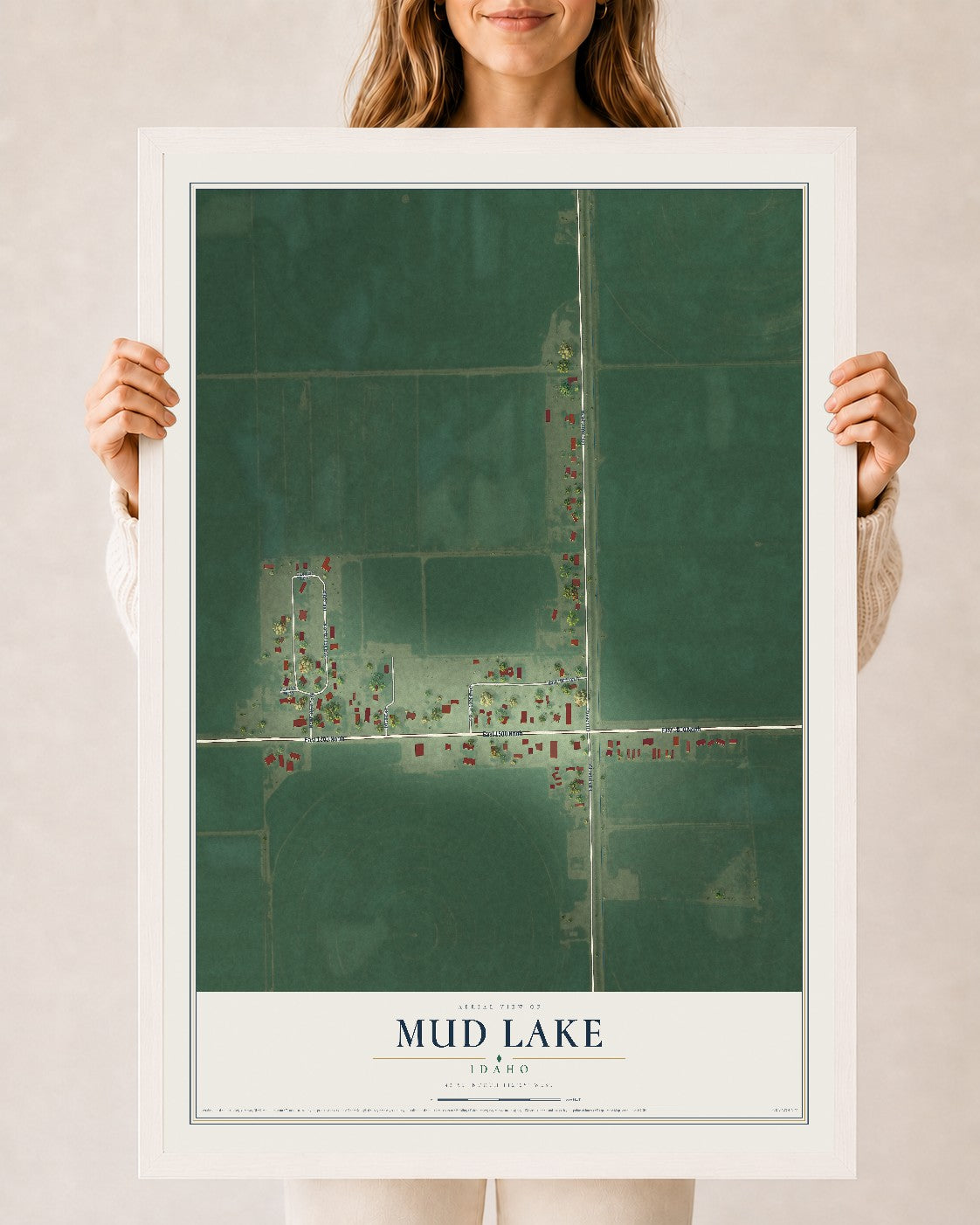 Map of Mud Lake, Idaho, 24 x 36 inch print in a white wood frame