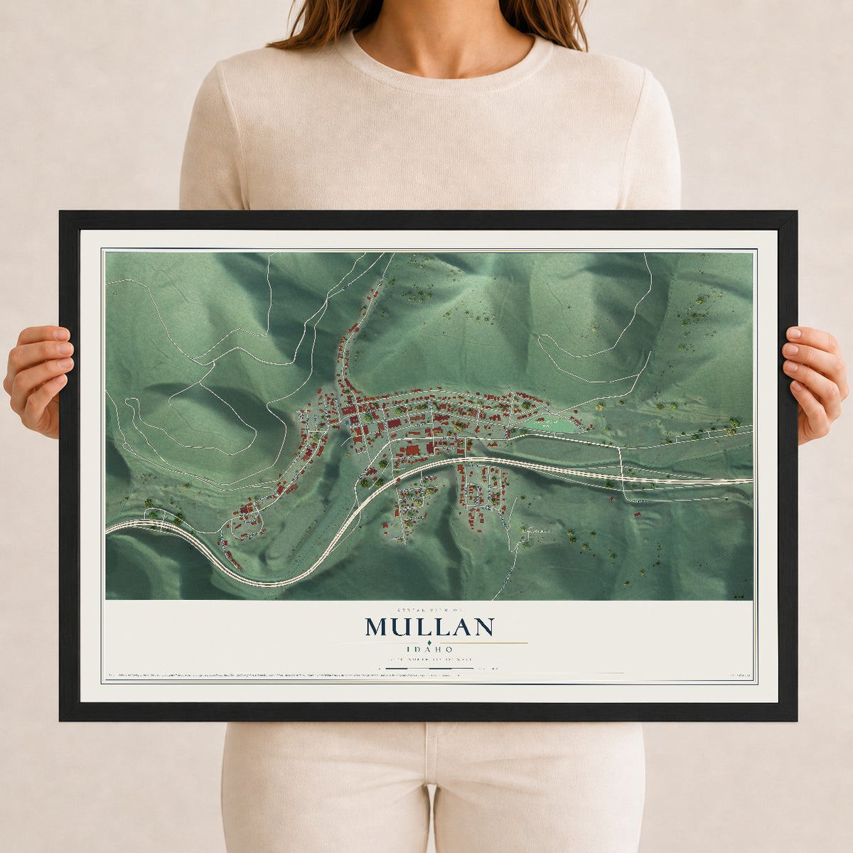 Map of Mullan, Idaho, 12 x 18 inch print in a black wood frame