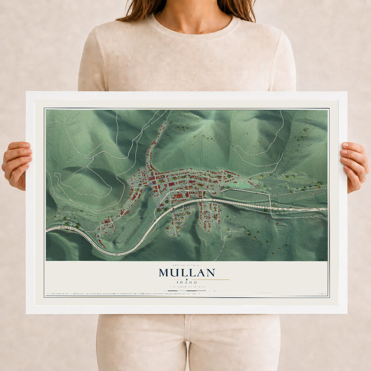 Map of Mullan, Idaho, 12 x 18 inch print in a white wood frame