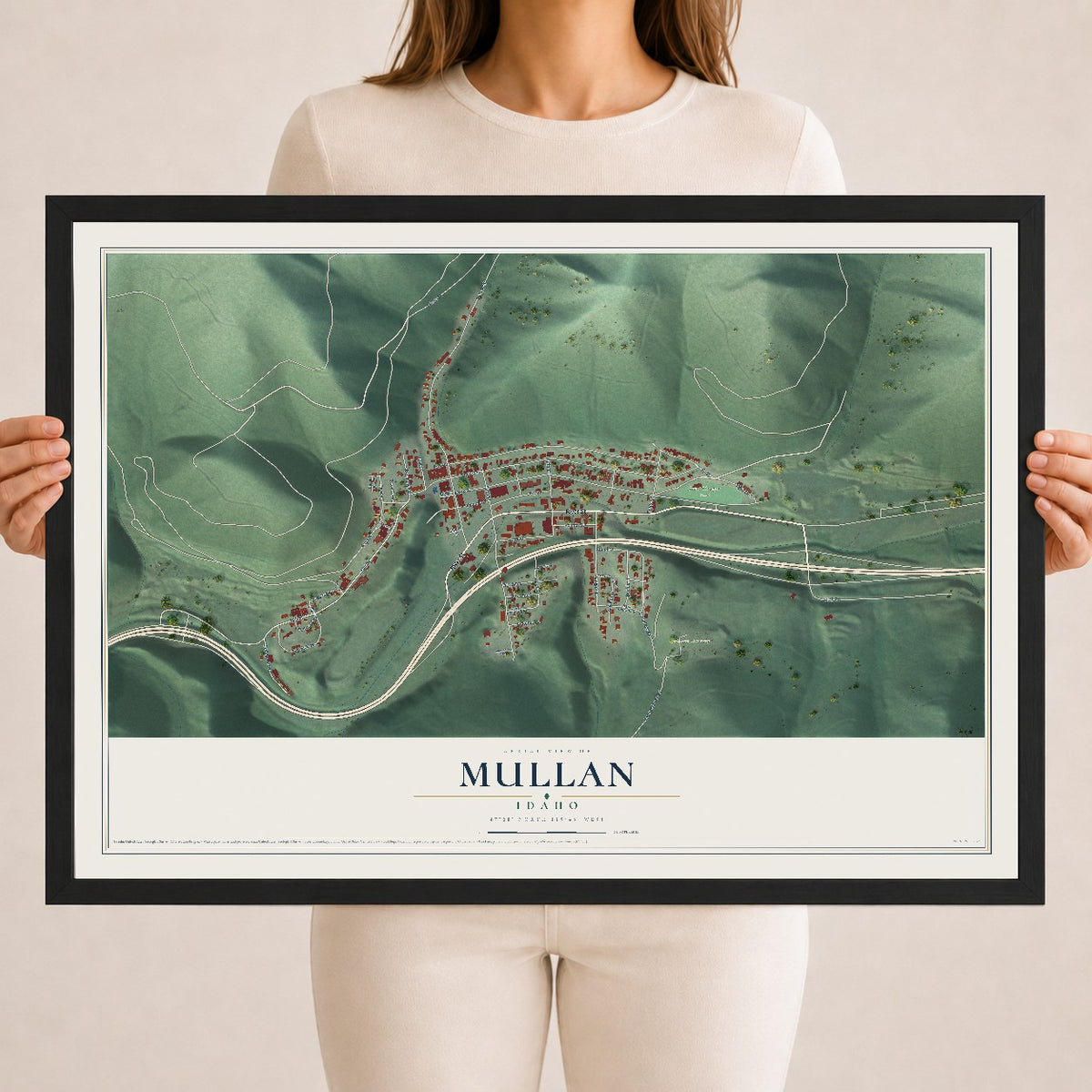 Map of Mullan, Idaho, 18 x 24 inch print in a black wood frame