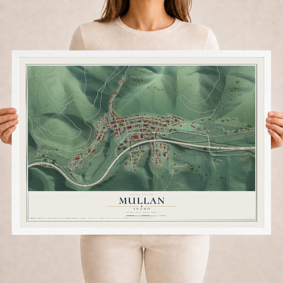 Map of Mullan, Idaho, 18 x 24 inch print in a white wood frame