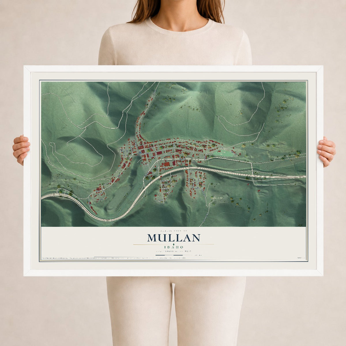 Map of Mullan, Idaho, 24 x 36 inch print in a white wood frame